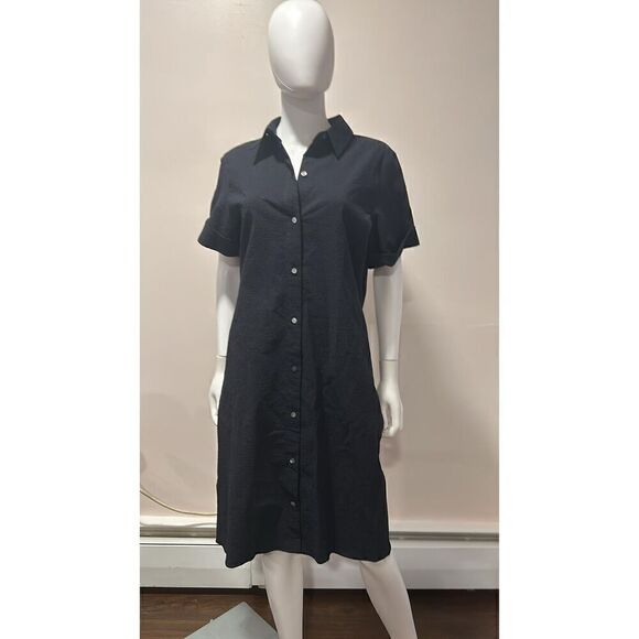 Theory Navy Blue Seersucker Dress Size Large * missing belt - Picture 6 of 13